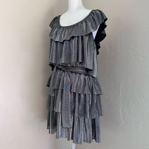 Michael Michael Kors Tiered Metallic Silver Ruffle Plisse Mini Dress Size L - Picture 4 of 13